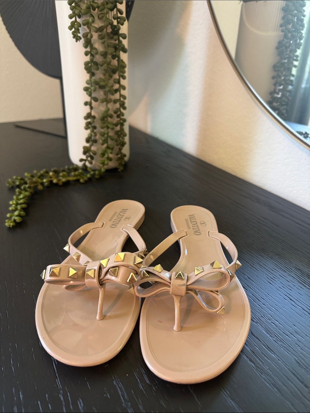 Valentino Garavani Pink Jelly Bow Sandals with Gold Rockstuds